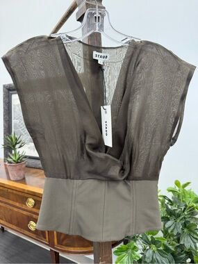 STAUD Olive/Grey Sheer Drape-Neck Women’s Top